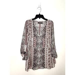 BKE Boutique V Neck Chiffon Blouse M Roll Tab sleeves Boho Cowgirl Hippie Layer